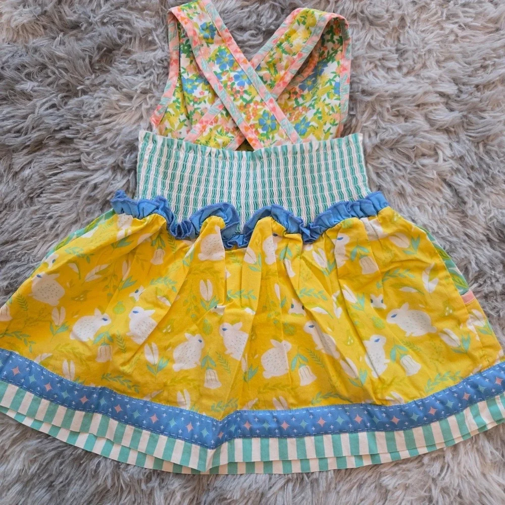 WILDFLOWERS Girls Floral Bunny Print‎ Sleeveless Dress Yellow Blue Ruffle Trim